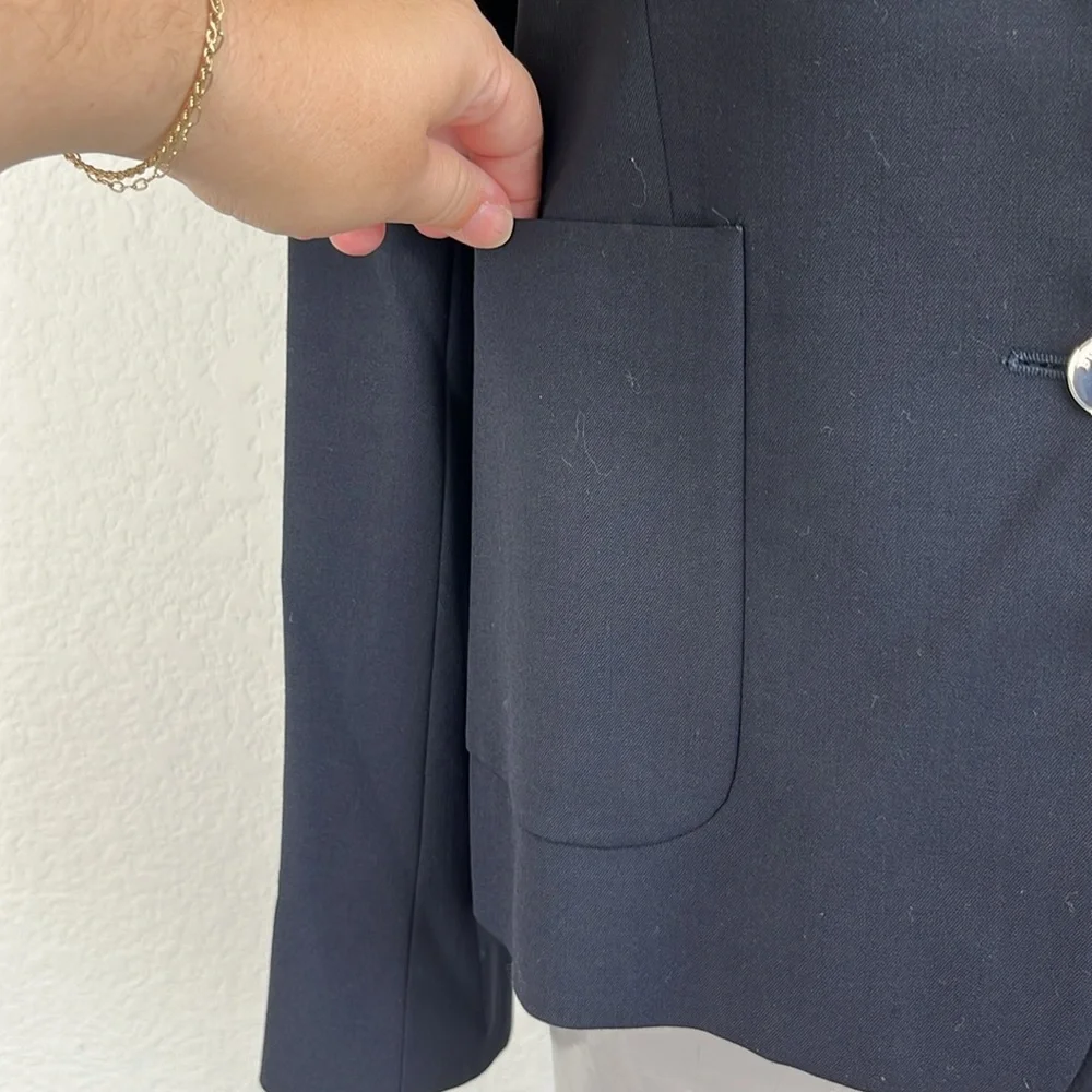 Burberry London Silver Enamel Button Navy Wool Stretch Blue Blazer - Picture 3 of 11